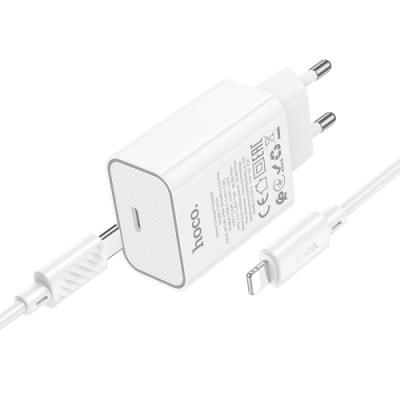 мережевий зарядний пристрій hoco c143a 1type-c/20w/pd + (type-c - lightning) (білий) 