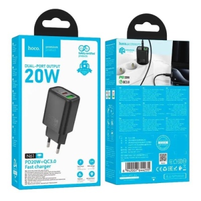 мережевий зарядний пристрій hoco n61 1usb/18w/qc3.0 + 1type-c/20w/pd (чорний) 