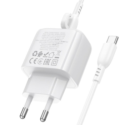 мережевий зарядний пристрій borofone bas45a 1usb/18w/qc3.0 + 1type-c/30w/pd + (type-c - type-c) (білий) 