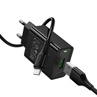 мережевий зарядний пристрій hoco cs92a 1usb/18w/qc3.0 + (usb - microusb) (чорний) 