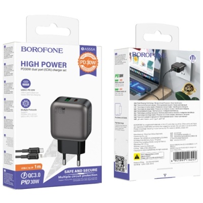 мережевий зарядний пристрій borofone bas55a gan 1usb/20w/qc3.0 + 1type-c/30w/pd + (type-c - lightning) (чорний) 