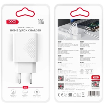 мережевий зарядний пристрій xo l163 1usb/18w/qc3.0 + 1type-c/30w/pd (бiлий) 