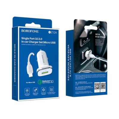 Автомобільний Зарядний Пристрій Borofone BZ12A 1USB/18W/QC3.0 + (USB - MicroUSB) (Білий)
