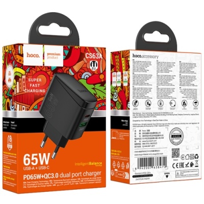 мережевий зарядний пристрій hoco cs63a 1usb/18w/qc3.0 + 1type-c/65w/pd (чорний) 