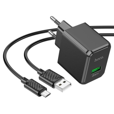 мережевий зарядний пристрій hoco cs12a 1usb/18w/qc3.0 + (usb - microusb) (чорний) 
