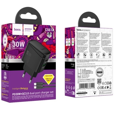 мережевий зарядний пристрій hoco cs61a 1usb/18w/qc3.0 + 1type-c/30w/pd + (type-c - type-c) (чорний) 