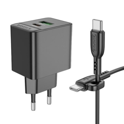 мережевий зарядний пристрій borofone bas14a erudite 1usb/18w/qc3.0 + 1type-c/20w/pd + (type-c - type-c) (чорний) 