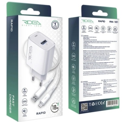 мережевий зарядний пристрій ridea rw-18123 rapid 1usb qc 18w+micro (бiлий) 