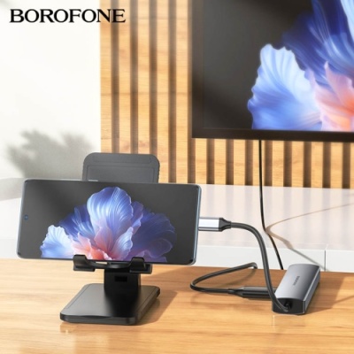 usb hub borofone dh16 6-в-1 type-c to hdmi+pd+usb3.0+usb2.0*2+rj45(l=0.15m) (сірий) 