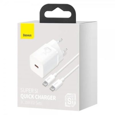 мережевий зарядний пристрій baseus super si (tzccsup-l02) 1type-c/25w/pd + (type-c - type-c) 1m (білий) 
