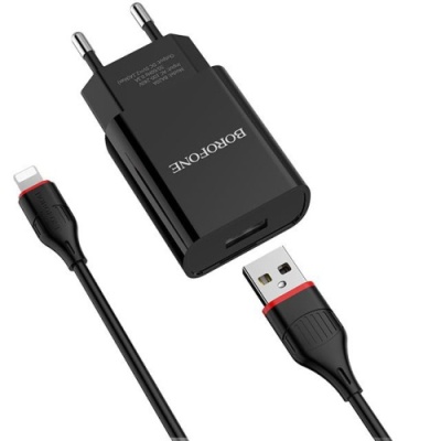 мережевий зарядний пристрій borofone ba20a 1usb/2.1a + (usb - lightning) (чорний) 