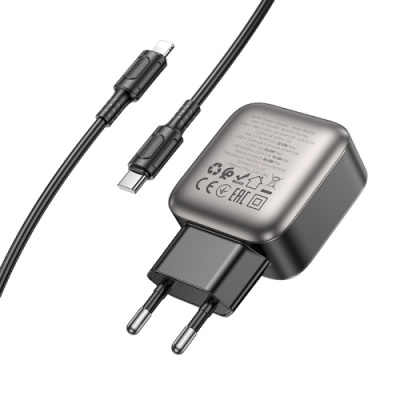 мережевий зарядний пристрій borofone bas55a gan 1usb/20w/qc3.0 + 1type-c/30w/pd + (type-c - lightning) (чорний) 