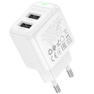 мережевий зарядний пристрій borofone bas41a 2usb/12w/2.4a (білий) 