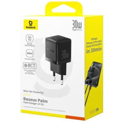 мережевий зарядний пристрій baseus palm fast charger (p10111605113-00) 1type-c/30w/pd (чорний) 