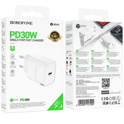 мережевий зарядний пристрій borofone ba84a 1type-c/30w/pd (білий) 