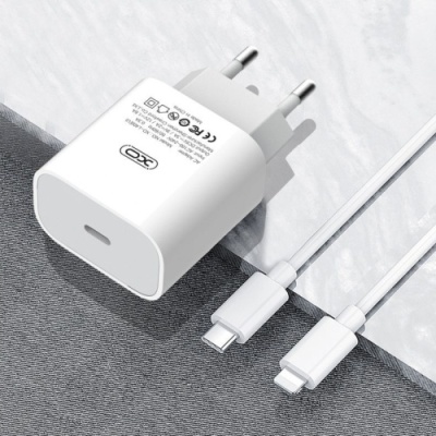мережевий зарядний пристрій xo l40 1type-c/18w/pd + (type-c - lightning) (бiлий) 