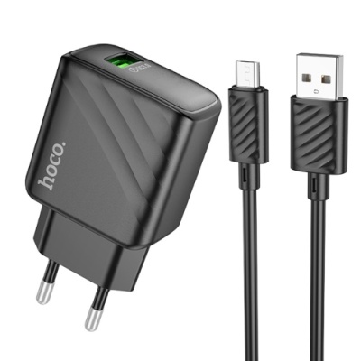 мережевий зарядний пристрій hoco cs21a 1usb/18w/qc3.0 + (usb - microusb) (чорний) 
