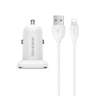 Автомобільний Зарядний Пристрій Borofone BZ12 2USB/2.4A + (USB - Lightning) (Білий)
