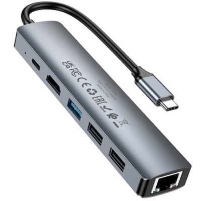 usb hub borofone dh16 6-в-1 type-c to hdmi+pd+usb3.0+usb2.0*2+rj45(l=0.15m) (сірий) 