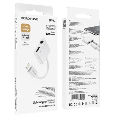 перехідник borofone bv12 apple lightning - (aux 3.5mm+lightning charge) (білий) 
