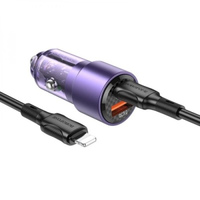 Автомобільний Зарядний Пристрій Borofone BZ20A Smart 83W dual port 1USB/18W/Q.C.3.0 + 1USB-C/65W/PD + (Type-C to Lightning) (Фіолетовий)