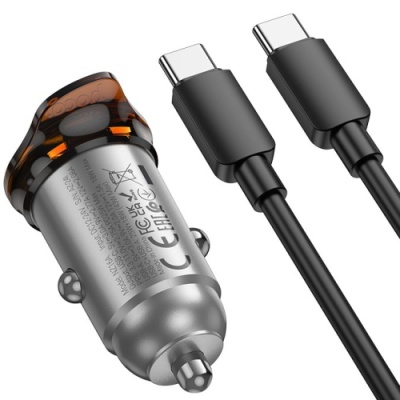 Автомобільний Зарядний Пристрій Hoco NZ16A PD25W+QC3.0 (1USB/1Type-C) + (Type-C - Type-C) (сірий)