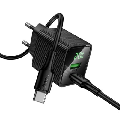 мережевий зарядний пристрій hoco cs83a 1usb/18w/qc3.0 + 1type-c/20w/pd + (type-c - type-c) (чорний) 