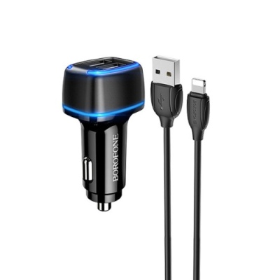 Автомобільний Зарядний Пристрій Borofone BZ14 2USB/2.4A + (USB - Lightning) (Чорний)