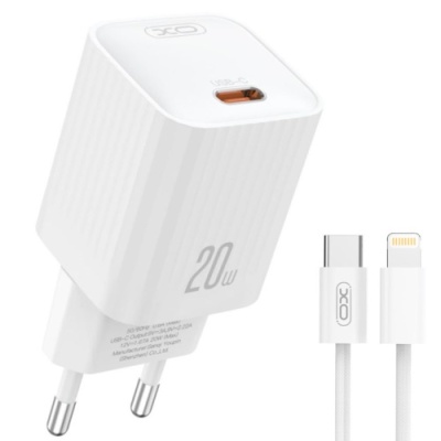 мережевий зарядний пристрій xo l146 1type-c/20w/pd + (type-c - lightning) (бiлий) 