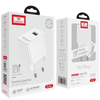 мережевий зарядний пристрій earldom es-eu43с 1usb/2.4a/12w + (usb - type-c) (білий) 
