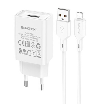 мережевий зарядний пристрій borofone ba68a 1usb/2.1a + (usb - lightning) (білий) 