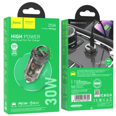 Автомобільний Зарядний Пристрій Hoco Z53A PD30W+QC3.0 (1USB/1Type-C) (Чорний)