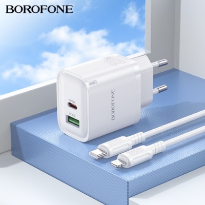 мережевий зарядний пристрій borofone ba83a 1usb/18w/qc3.0 + 1type-c/20w/pd + (type-c - lightning) (білий) 