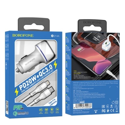 Автомобільний Зарядний Пристрій Borofone BZ14A 1USB/18W/QC3.0 + 1Type-C/20W/PD + (Type-C - Lightning) (Білий)