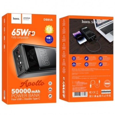 додаткова батарея power bank hoco db81a  apollo pd65w+qc3.0 22.5w 50000 mah (чорний) 