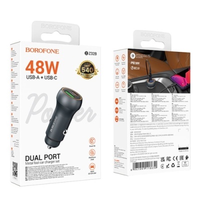 Автомобільний Зарядний Пристрій Borofone BZ32B 48W 1Type-C/30W/PD + 1USB/18W/QC3.0  (Сірий)