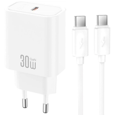 мережевий зарядний пристрій xo ce41 1type-c/30w/pd + (type-c - type-c) (бiлий) 