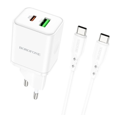 мережевий зарядний пристрій borofone bn7 1usb/18w/qc3.0 + 1type-c/20w/pd + (type-c - type-c) (бiлий) 