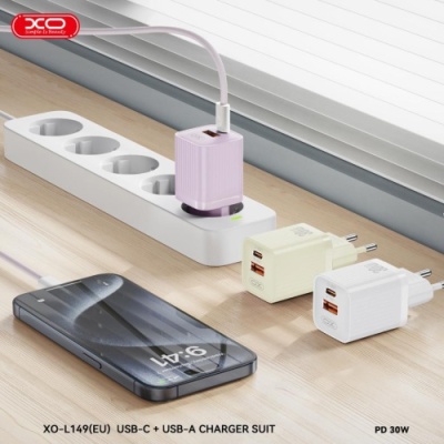 мережевий зарядний пристрій xo l149 1usb/18w/qc3.0 + 1type-c/30w/pd + (type-c - type-c) (бiлий) 