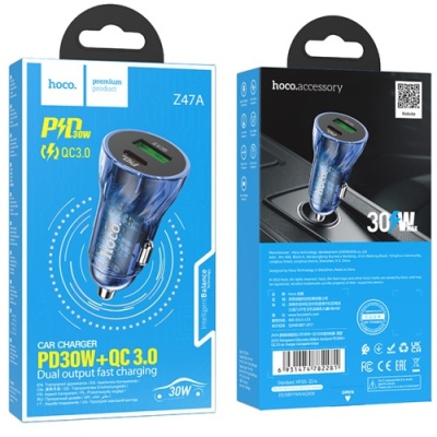 Автомобільний Зарядний Пристрій Hoco Z47A Transparent 1USB/18W/QC3.0 + 1Type-C/30W/PD (Прозорий синій)