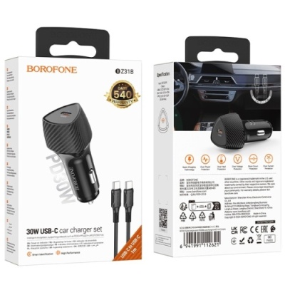 Автомобільний Зарядний Пристрій Borofone BZ31B 1Type-C/30W/PD + (Type-C - Type-C) (Чорний)