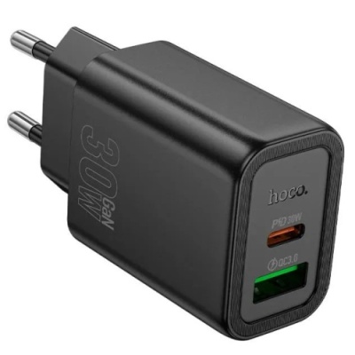 мережевий зарядний пристрій hoco n63 1usb/18w/qc3.0 + 1type-c/30w/pd (чорний) 