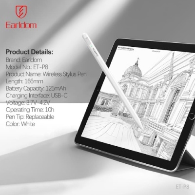 стилус earldom et-p8 wireless stylus pen ipad (білий) 