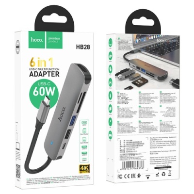 usb hub hoco hb28 type-c multi-function converter (hdtv+usb3.0+usb2.0+sd+tf+pd) (металево-сірий) 