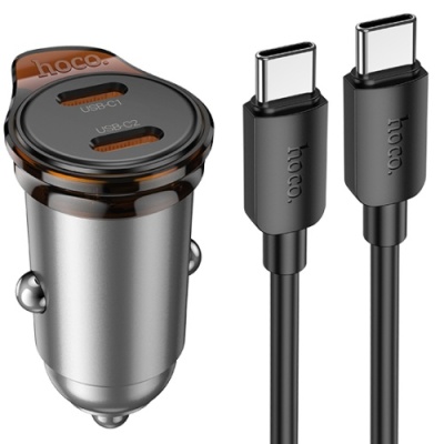 Автомобільний Зарядний Пристрій Hoco NZ16B PD45W (2Type-C) + (Type-C - Type-C) (сірий)