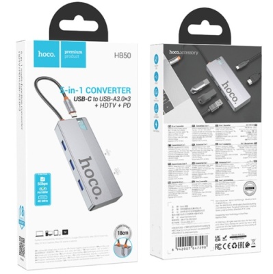 usb hub hoco hb50 type-c 5-in-1 (hdtv+pd+usb3.0*3) (сірий) 
