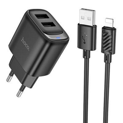 мережевий зарядний пристрій hoco c141a 2usb/2.1a + (usb - lightning) (чорний) 