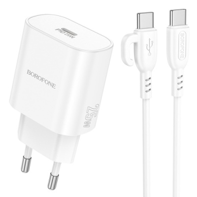 мережевий зарядний пристрій borofone ba82a power 1type-c/25w/pd + (type-c - type-c) (білий) 