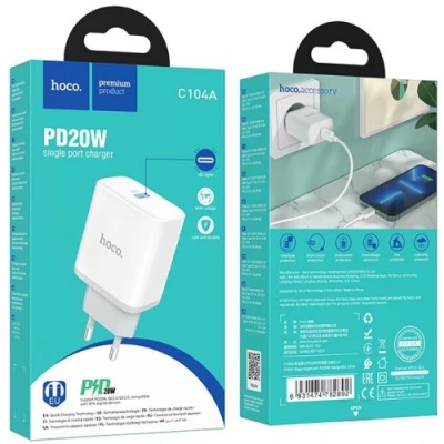 мережевий зарядний пристрій hoco c104a stage single port 1type-c/20w/pd (білий) 