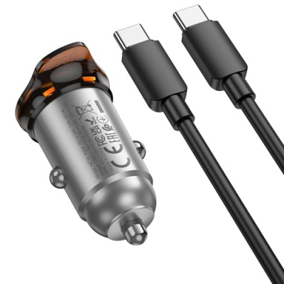 Автомобільний Зарядний Пристрій Hoco NZ16 PD30W (1Type-C) + (Type-C - Type-C) (сірий)
